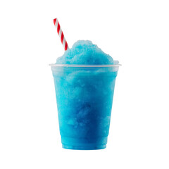 a photograph of a blue slushie in a plastic cup with a straw, against a white background, in high...