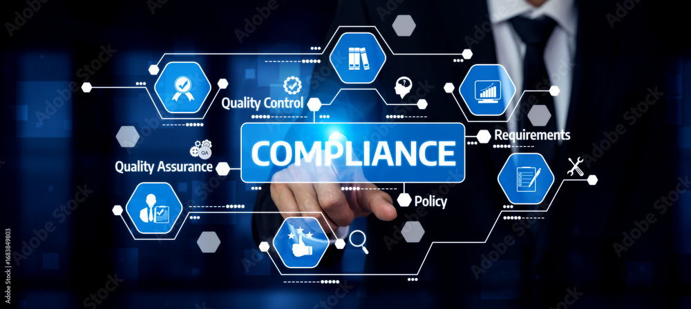 Aufkleber a businessman interacts with a virtual interface displaying compliance elements such as quality cont