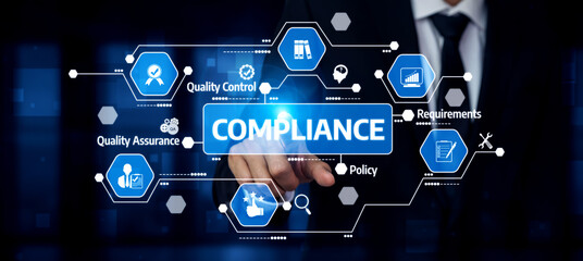 Fototapeta premium A businessman interacts with a virtual interface displaying compliance elements such as quality control, assurance, and policy, emphasizing a modern approach to business governance. Tessel