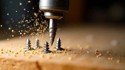 A close up industrial drill bit screws into a wooden surface creating sawdust as it drills in