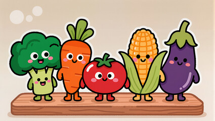 Obraz premium Cute Vegetable Characters on a Wooden Shelf