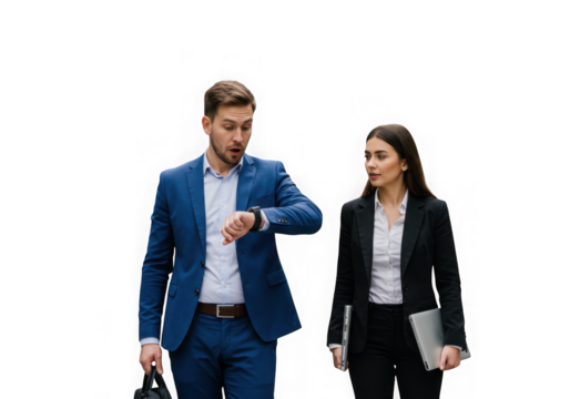 Business man and woman walking and looking at watch isolated on transparent background