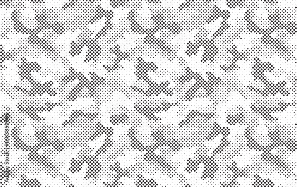Poster abstract halftone seamless camouflage pattern. repeating digital dotted hexagonal camo military text