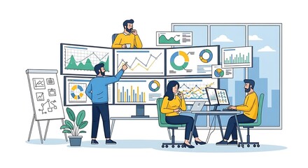 Fototapeta premium Illustration of team of analysts reviewing data on multiple monitors in a modern office