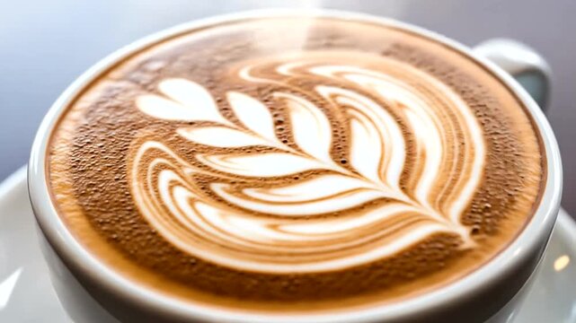 A close-up view of a steaming cup of latte art, showcasing intricate patterns and textures.