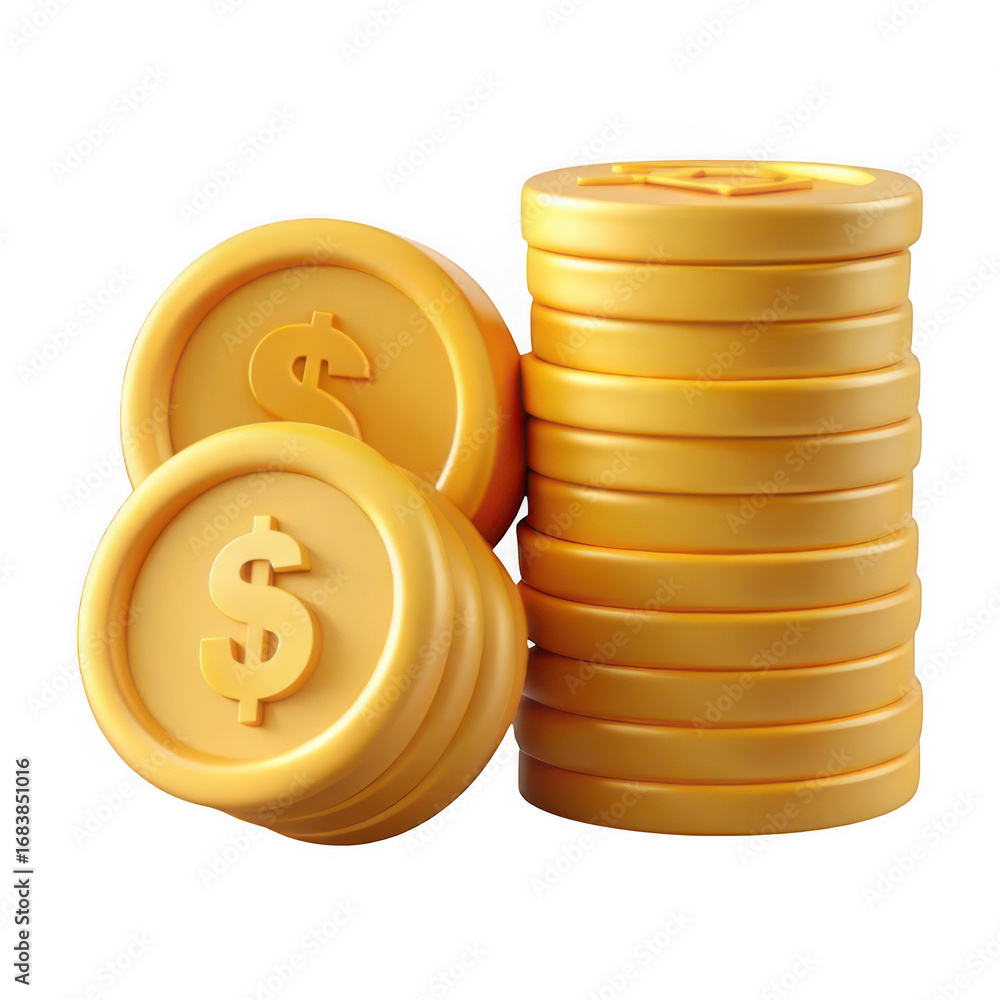 Poster 3d golden coins stacked and scattered with dollar symbol realistic render transparent background