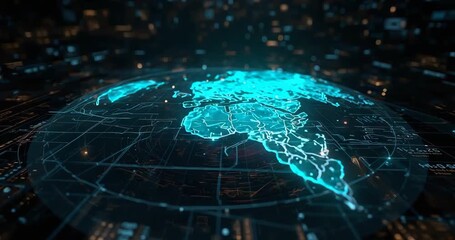 At start holographic globe expanding into map in simulation, pulsing ring and lighting data lines - Powered by Adobe