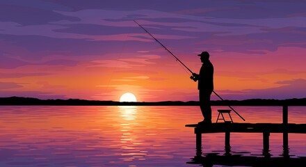 Man fishing from pier at sunset over lake