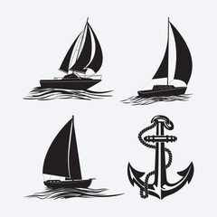 A collection of nautical-themed vector graphics featuring three different sailboats in motion on the water and a classic anchor with a rope.