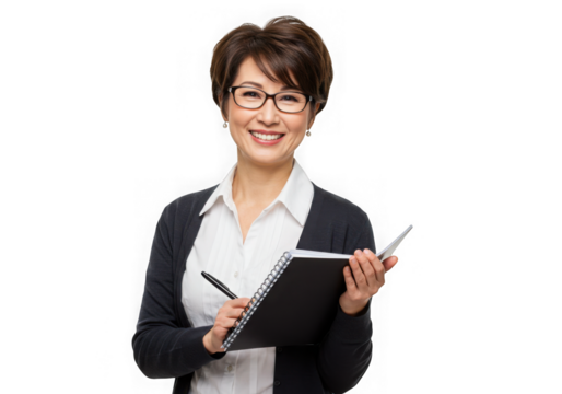 Asian businesswoman holding notebook isolated on transparent background