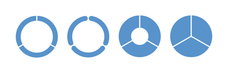 Circle division infographic icon set. Pie chart divided three equal parts. Blue ring, donut round diagram. Infographic wheel segment and fraction. Vector illustration isolated on white background.