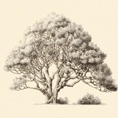 Detailed drawing of a large, full tree with intricate branches and lush foliage