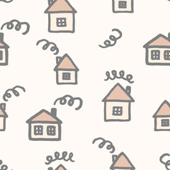 Vector seamless pattern with freehand drawn cartoon houses with windows chimney smoke made in kid childish style on light beige background