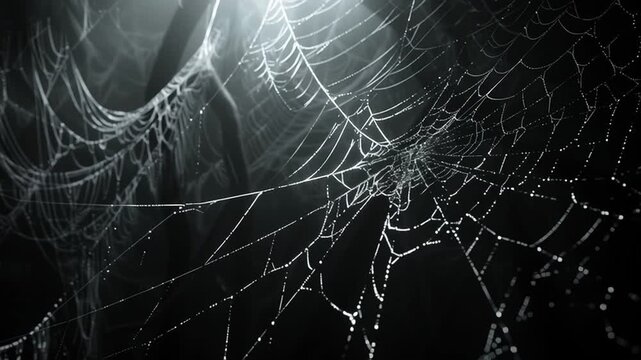 Elegant gothic seamless loop of moving through a dense, silvery spiderweb curtain.