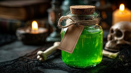 Mystical green elixir in vintage glass bottle with cork stopper, surrounded by candlelight and dark atmospheric elements of an alchemist's workspace