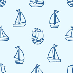 Vector seamless pattern with freehand drawn cartoon sea ocean sail sailing ships boats transport made in kid childish style on light blue background