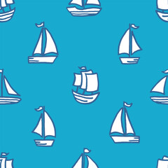 Vector seamless pattern with freehand drawn cartoon sea ocean sail sailing ships boats transport made in kid childish style on blue background