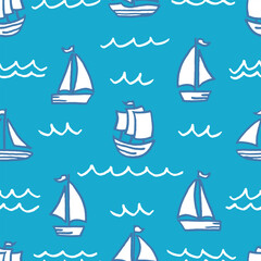 Vector seamless pattern with freehand drawn cartoon sea ocean sail sailing ships boats transport waves waves made in kid childish style on blue background