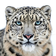 Closeup portrait of a snow leopard with striking blue eyes in the snow