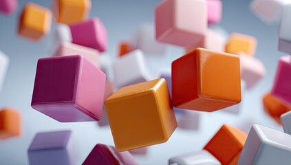 Obraz premium A vibrant array of colorful cubes in various shades of orange, pink, and white, floating in mid-air against a soft light-gray background.