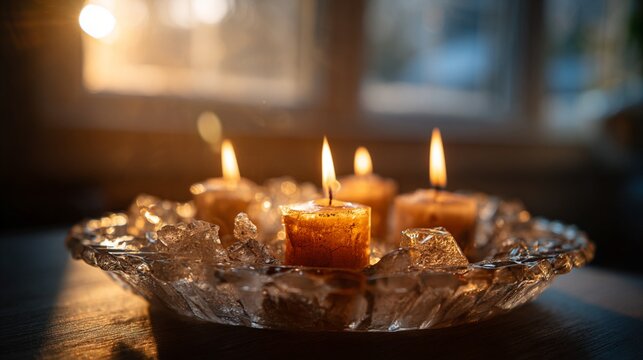 A serene arrangement of amber candles in a sparkling crystal dish, glowing gently against a backdrop of soft sunlight, perfect for capturing warmth and tranquility in your space.