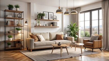 Fototapeta premium Cozy living room with sofa, armchair and coffee table