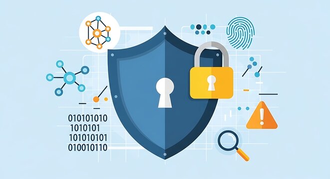 Illustration of digital security concept with a shield, padlock, fingerprint, and binary code