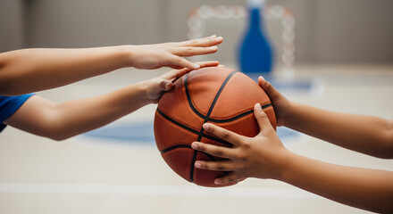 Young People Playing Basketball, Partial Close-Up of Hands and Ball, Neutral Court
