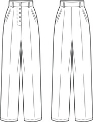 High waisted tailored trousers technical flat sketch front and back view with pleats, button fly, wide leg, fashion vector illustration
