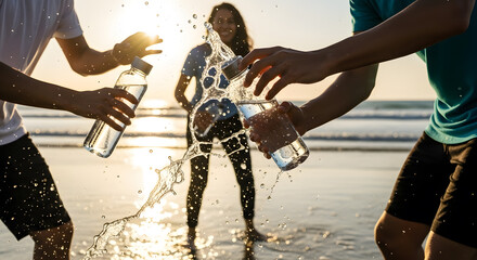 Young People Playing Sports on Beach, Water Splashing, Transparent Bottles in Hands, Partial Close-Up