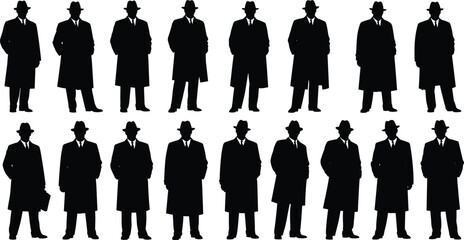 Vector silhouettes of men in trench coats and hats with posture and accessory variations for fashion, design, and character modeling use