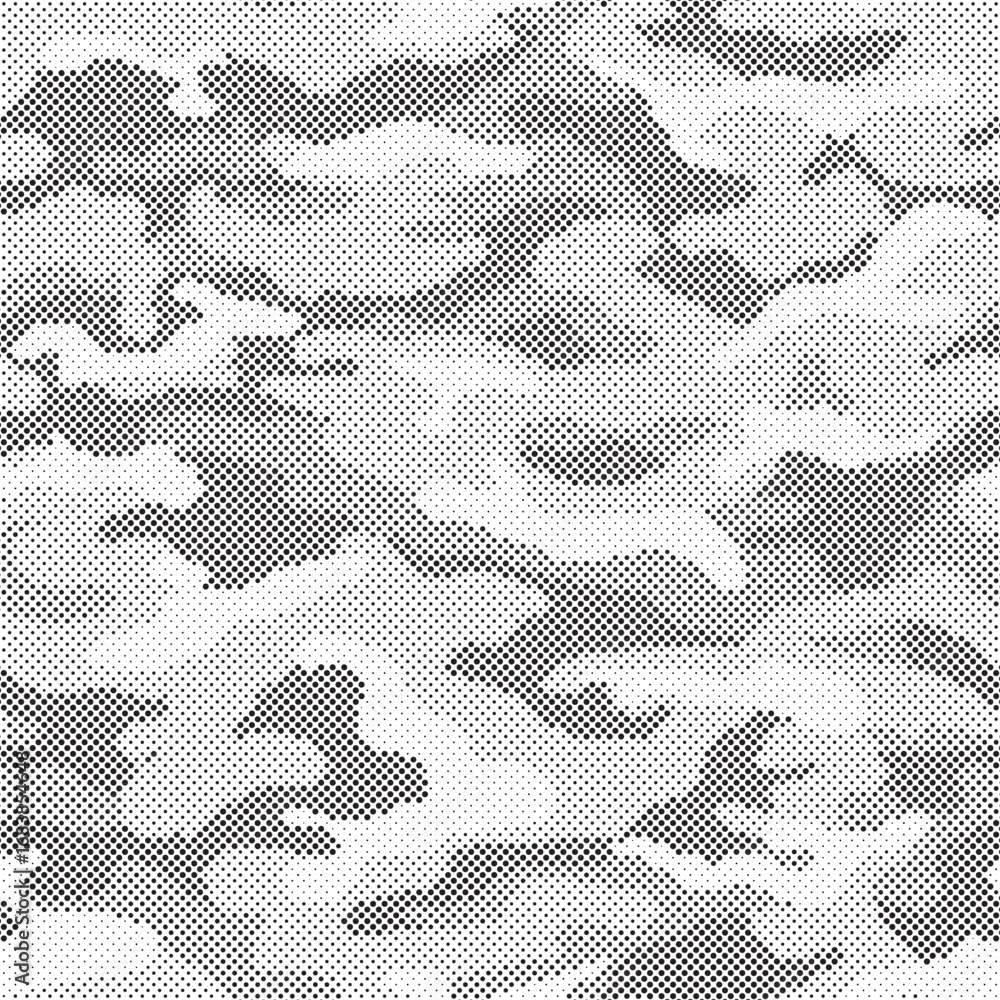 Poster abstract halftone seamless camouflage pattern. repeating digital dotted hexagonal camo military text