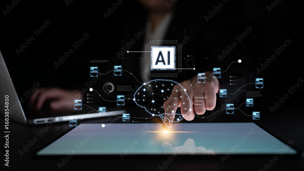 Poster ai neural network and data processing system visualizing artificial intelligence with brain structur