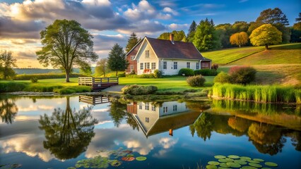 Obraz premium Idyllic countryside house reflected in a calm lake at sunset