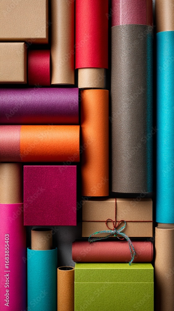 Poster vibrant abstract composition of overlapping cylindrical and rectangular objects in rich, contrasting