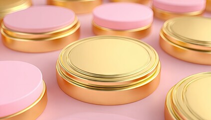 Golden and pink circular podiums create a sophisticated and elegant aesthetic.