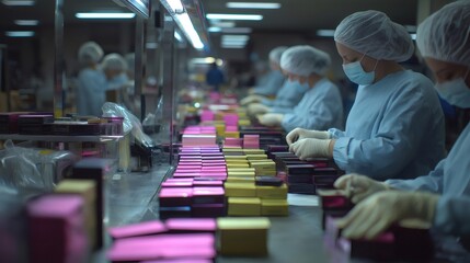 Female factory workers, dressed in protective clothing, diligently working on an assembly line, efficiently packaging cosmetic products in a modern and organized manufacturing facility