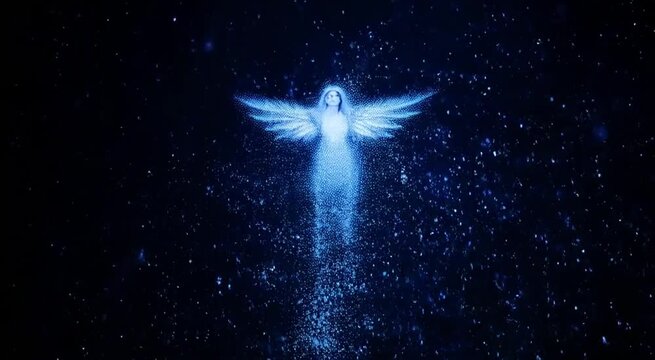 A single white dove flying peacefully through the blue sky with clouds