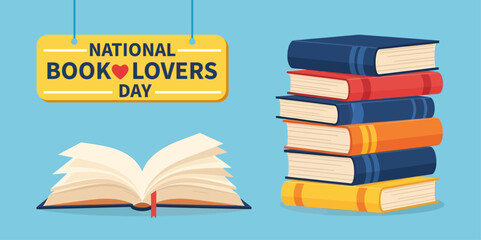 Illustration design vector art of national book lovers day with open book and stack
