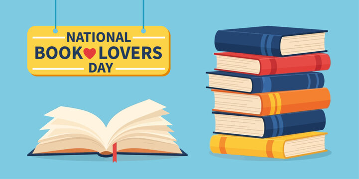 Illustration design vector art of national book lovers day with open book and stack