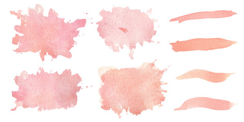 Watercolor peach pink brush stains. Pastel colored hand drawn brush strokes set