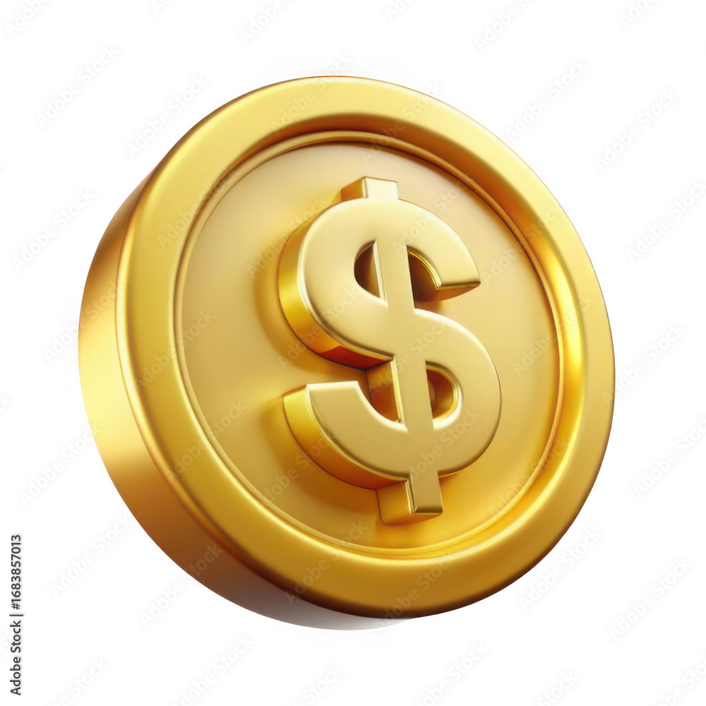 Poster 3d golden dollar coin with realistic metallic texture and shine transparent background
