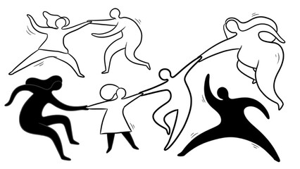 Top View People Outline Set | Mom and Girls Walking Vector Figures Isolated on White Background