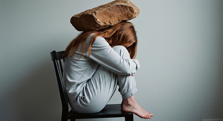 Young woman overwhelmed by heavy burden feels crushing stress and emotional weight in isolation