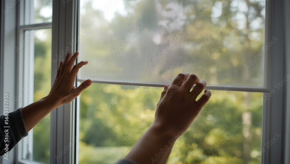 Aufkleber the picture shows hands interacting with a mosquito net on a window. the hands touch the horizontal 
