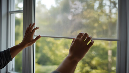 The picture shows hands interacting with a mosquito net on a window. The hands touch the horizontal crossbar holding the net.