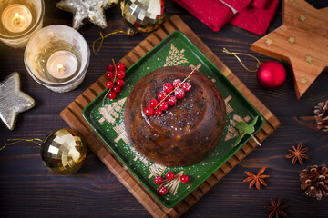 Fruit cake pudding traditionally served as part of Christmas dinner. High angle view
