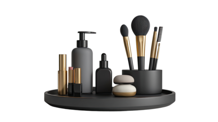 Cosmetic products arranged on a dark gray tray.  Various makeup brushes, lip products, and skincare bottles.  Modern, minimalist aesthetic
