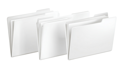 Three white file folders, stacked in a row, showing the tabs and folded paper