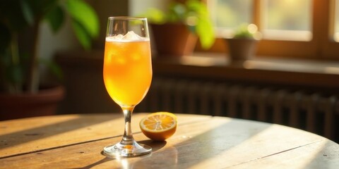 A refreshing citrus beverage in a tall glass sits on a sunlit wooden table, next to a lemon slice, creating a calming and inviting atmosphere